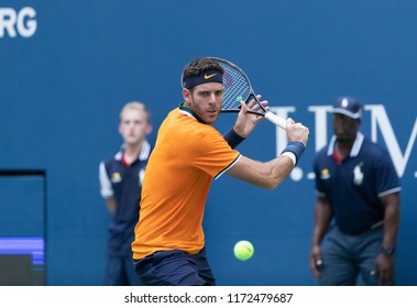 New York, NY - September 4, 2018: Juan Martin Del Potro Of Argentina Returns Ball During US Open 2018 Quarterfinal Match Against John Isner Of USA At USTA Billie Jean King National Tennis Center