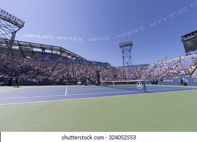 New York, NY - September 5, 2015: View Of Louis Armstrong Stadium With Air Advertisement By GEICO At US Open Championship