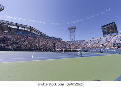 New York, NY - September 5, 2015: View Of Louis Armstrong Stadium With Air Advertisement By GEICO At US Open Championship