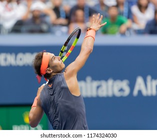 New York, NY - September 7, 2018: Rafael Nadal Serves During US Open 2018 Semifinal Match Against Juan Martin Del Potro At USTA Billie Jean King National Tennis Center