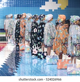 NEW YORK, NY - SEPTEMBER12, 2016: Models Pose During The Runway At The Thom Browne Spring Summer 2017 Fashion Show During New York Fashion Week