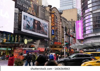 New York, NY / United States - Jan. 4, 2020: View Of The Iconic 42nd Street - Time Square. The Block Is Home To Theatres, Movie Theatres, Shops, Restaurants And Draws Millions Of Tourists A Year.