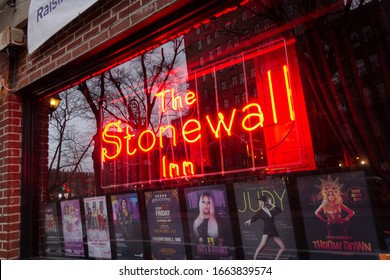 New York, NY / United States - March 3, 2020: Closeup On The Window And Sign Of The Stonewall Inn. Gay Bar & National Historic Landmark, Site Of The 1969 Riots That Launched The Gay Rights Movement.