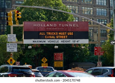 New York, NY  United States - September 18 2021: Holland Tunnel Sign And Traffic. New York City Side.