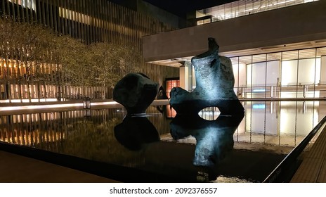 New York, NY, United States - November 24, 2021: Henry Moore's Two-part Bronze Statue 