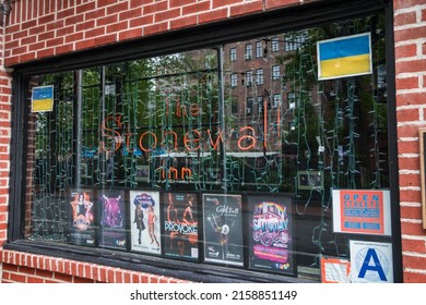 New York, NY - United States - May 20 2022: Closeup On The Window And Sign Of The Stonewall Inn. Gay Bar  National Historic Landmark, Site Of The 1969 Riots That Launched The Gay Rights Movement.