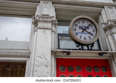 New York, NY, USA - 04-01-2022: Vintage Advertising Clock On Building Facade In East Village Manhattan