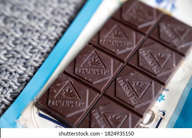 New York, NY / USA - 09-01-2020: Cannabis Chocolate Edibles With THC 