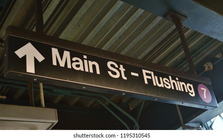 New York, NY/ USA: 10-01-18- Flushing New York Subway Sign Queens NYC MTA Train Station