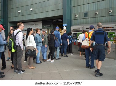 New York, NY/ USA: 10-01-18- People On Line Buying Metro Card For NYC Subway MTA Vending Machine Metrocard