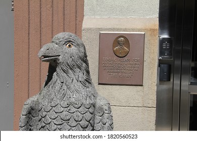 New York, NY / USA - 4/16/2019: Edgar Allan Poe Plaque And Raven Statue West 84th Street