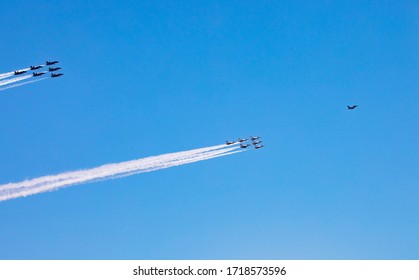 New York, NY / USA - 4/28/2020: Airforce And Navy Thunderbirds And Blue Angels Fly Over Manhattand And Philadelphia To Support Medicine Workers During Covid Pandemy