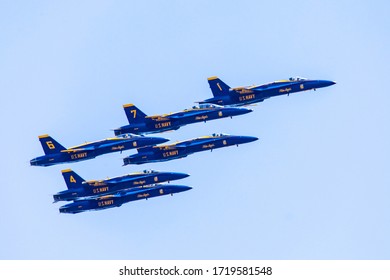 New York, NY / USA - 4/28/2020: Airforce And Navy Thunderbirds And Blue Angels Fly Over Manhattand And Philadelphia To Support Medicine Workers During Covid Pandemy