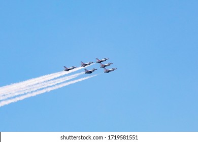 New York, NY / USA - 4/28/2020: Airforce And Navy Thunderbirds And Blue Angels Fly Over Manhattand And Philadelphia To Support Medicine Workers During Covid Pandemy