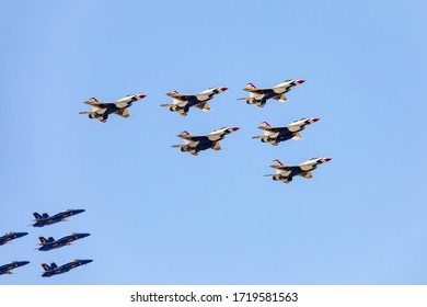 New York, NY / USA - 4/28/2020: Airforce And Navy Thunderbirds And Blue Angels Fly Over Manhattand And Philadelphia To Support Medicine Workers During Covid Pandemy