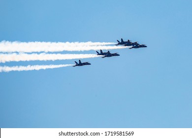 New York, NY / USA - 4/28/2020: Airforce And Navy Thunderbirds And Blue Angels Fly Over Manhattand And Philadelphia To Support Medicine Workers During Covid Pandemy