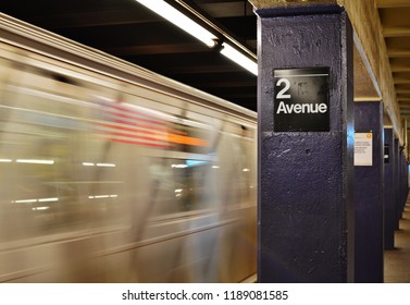 New York, NY/ USA: 9-25-18- Lower East Side NYC Subway Sign 2nd Avenue MTA Station Train Arrival