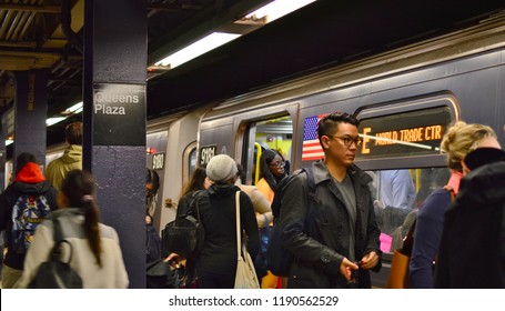 New York, NY/ USA: 9-26-18- New York City Rush Hour Crowded Subway Station Commuters Exiting Train