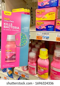 New York, NY / USA - April 01, 2020: Local Pharmacy Displaying A Large Variety Of Pepto Bismol ULTRA With Killing Bacteria To Relive Diarrhea. 