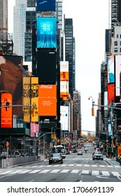 New York, NY / USA - April 16 2020: Almost Empty Road In Times Square. City Lockdown During Coronavirus Pandemic. Vertical View