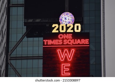 New York, NY  USA - April 28, 2020: New York City, One Times Square 2020 Sign And Ball