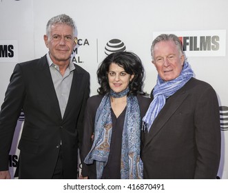 New York, NY, USA - April 16, 2016: Anthony Bourdain, Lydia Tenaglia and Jeremiah Tower attend the premiere of 'Jeremiah Tower: The Last Magnificent' during 2016 TFF at BMCC Tribeca PAC