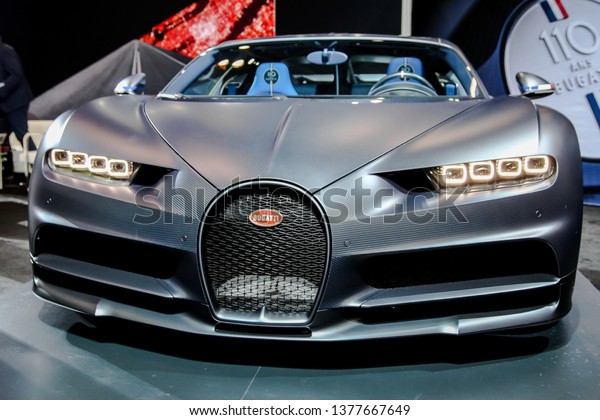 NEW YORK, NY, USA -\
APRIL 17, 2019: Bugatti Chiron sport at the New York International\
Auto Show 2019, at the Jacob Javits Center. This was Press Preview\
Day One of NYIAS