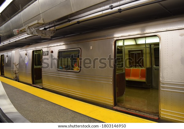 New York, NY / USA - April 2,\
2020: Empty Subway Car During Covid-19 Pandemic Deep\
Cleaning