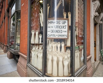 New York, NY, USA - Aug 3, 2021: Corner Store Window At Fishs Eddy Praising Capitol Officers During Jan 6 Riot