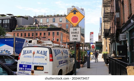 New York, NY, USA - Aug 13, 2021: Sign Indicating Double Fine Zone Ends At Stop Sign Ahead