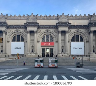 New York, NY / USA - August 21, 2020: Metropolitan Museum Of Art In New York City With ‘Dream Together’ Banners Hanging Outside