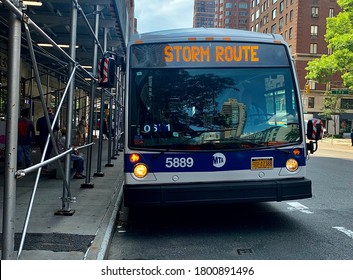 New York, NY / USA - August 14, 2020: MTA Bus During Hurricane Season 2020