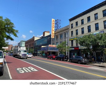 New York, NY USA - August 2, 2022 : A View Of Truck And Car Traffic Along The Bus Lane In Front Of The Apollo Theater On 125th Street In Harlem