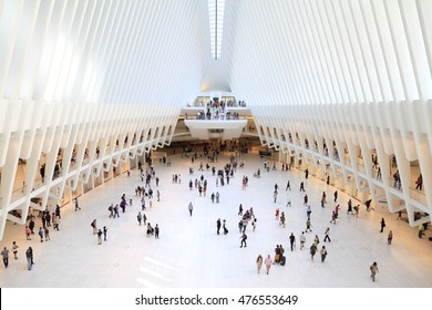New York, NY, USA - August 23, 2016: Inside of World Trade Center Transportation Hub:  World Trade Center Transportation Hub is the a large transit station for PATH rail service and retail complex.