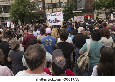 New York, NY USA - August 13, 2017: Few hundreds socialist demonstrators attend rally against nationalist protest in Charlottesville, Virginia ahead of President Trump visit on Union Square
