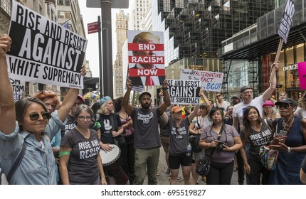 New York, NY USA - August 13, 2017: About 400 demonstrators attend rally against nationalist protest in Charlottesville, Virginia ahead of President Trump visit on 5th Avenue near Trump Tower