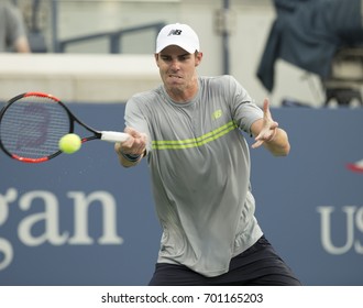 New York, NY USA - August 22, 2017: Reilly Opelka Of USA Returns Ball During Qualifying Game Against Alexander Sarkissian Of USA At US Open 2017