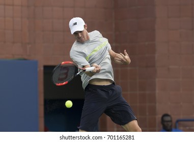 New York, NY USA - August 22, 2017: Reilly Opelka Of USA Returns Ball During Qualifying Game Against Alexander Sarkissian Of USA At US Open 2017