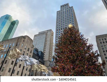 New York, NY / USA - Dec. 16, 2019: A View Of The Rockefeller Center Christmas Tree, A Major Tourist Attraction In The City. 