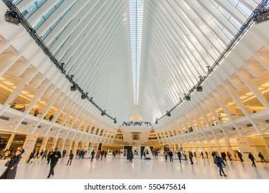 New York, NY, USA - Dec 2, 2016: Inside of World Trade Center Transportation Hub: World Trade Center Transportation Hub is the a large transit station for PATH rail service and retail complex.