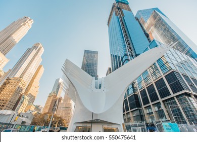 New York, NY, USA - Dec 2, 2016: Outside of World Trade Center Transportation Hub: World Trade Center Transportation Hub is the a large transit station for PATH rail service and retail complex.