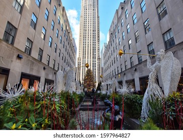 New York, NY, USA - December 5, 2019. The Famous Rockefeller Center  With Christmas Tree And Decorations.