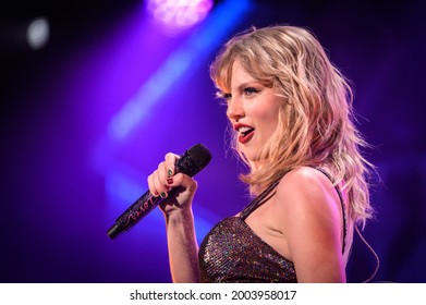 New York, NY, USA - December 13, 2019:  Taylor Swift performs at the 2019 Z100 Jingle Ball at Madison Square Garden.