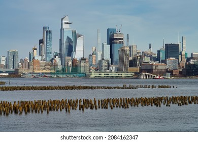 New York, NY, USA - December 1, 2021: Hudson Yards Seen From Hoboken Waterfront.