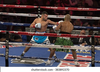 New York, NY USA - Feb 27, 2016: Sean Monaghan (white trunks) celebrates victory against Janne Forsman of Finland in professional boxing match in Light Heavyweight category at Madison Square Garden