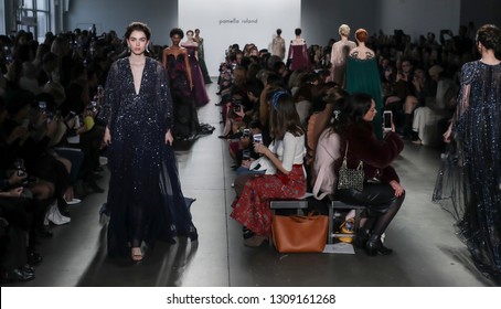 New York, NY, USA - February 7, 2019: Models walk runway for the Pamella Roland Fall/Winter 2019 collection during New York Fashion Week at Pier 59 Studuos, Manhattan