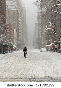 New York, NY USA - February 1, 2021: New York City, Empty Snow-Covered Streets Of Midtown Manhattan During  Noreaster Blizzard