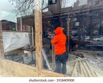 New York, NY USA - February 11, 2021: New York City, Outside Dining Area Under Construction In The Upper East Side Of Manhattan During The Covid-19 Pandemic