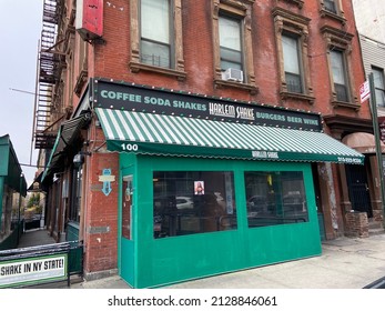 New York, NY USA - February 24, 2022 : The Exterior Of Harlem Shake Burger Restaurant In Harlem, New York City