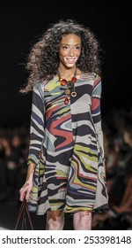 New York, NY, USA - February 12, 2015: A model walks runway for Desigual Fall 2015 Runway show during Mercedes-Benz Fashion Week New York at the Theatre at Lincoln Center, Manhattan